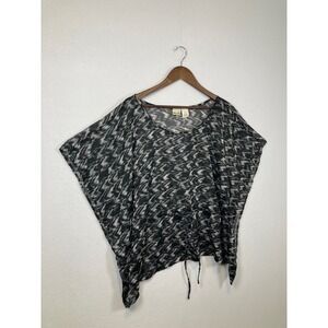 Mudd Womens XL Black Grey Ikat Sheer Poncho Blouse Drawstring Top